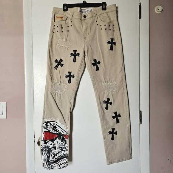 BRAND X beige distressed cross embellished skull print unique streetwear jeans - Picture 1 of 10